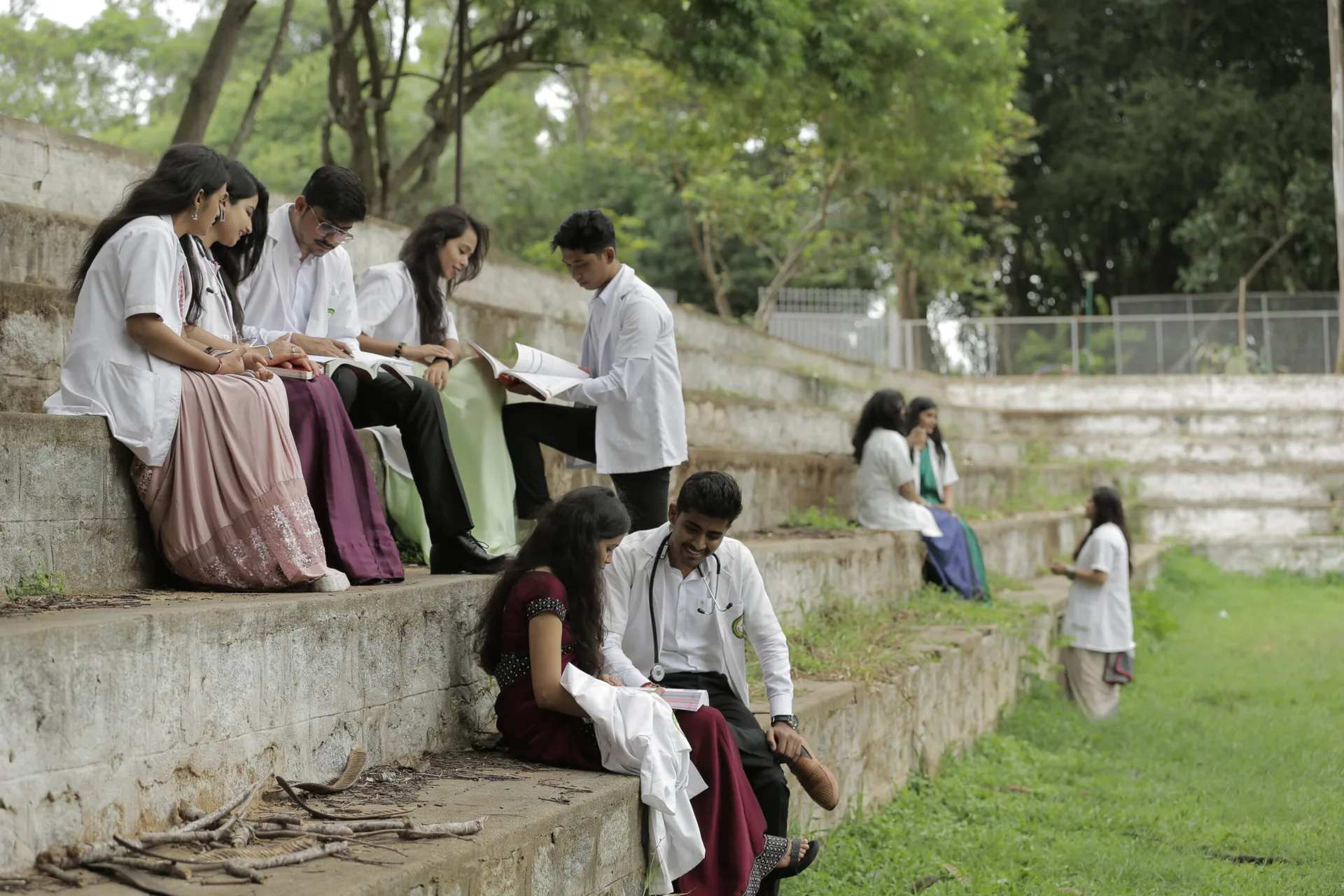 A peaceful outdoor study pavilion with minimalist wooden structures and comfortable seating.